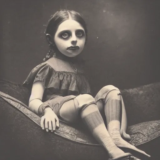 Prompt: a color photo of young sad victorian gothic child with big eyes and wide grin sitting on a sofa of bones surrounded by a cyber futuristic cityscape made of human body parts, 5 0 mm, award winning photography