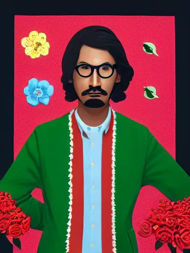 Prompt: artwork by Wes Anderson, Wes Anderson and Wes Anderson, of a solo individual portrait of an Indian guy with roses, dapper, simple illustration, domestic, nostalgic, full of details, by Wes Anderson and Wes Anderson, wes anderson, wes anderson, wes anderson, wes anderson, wes anderson, Matte painting, trending on artstation and unreal engine