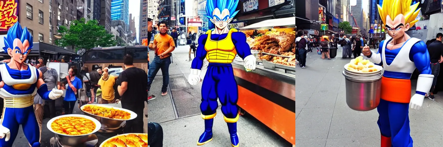 Prompt: vegeta from dragon Ball selling street food in downtown New York