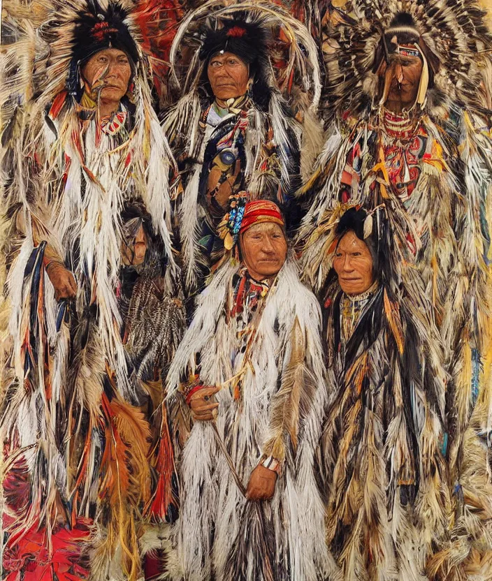 Image similar to full body shot picture of indigenous people, painted by lucian freud, intricate costume design, beautiful feathers, hd, super detailed, realistic, vivid, inspiring