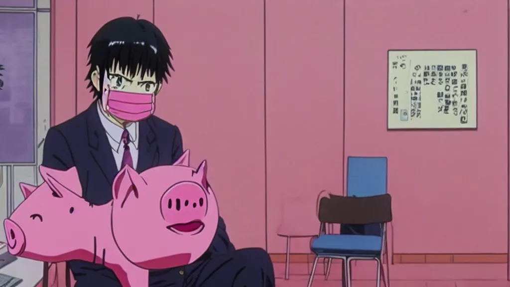 Image similar to a man wearing a pink suit and a pink pig mask sitting in an office, anime film still from the an anime directed by Katsuhiro Otomo with art direction by Salvador Dalí, wide lens