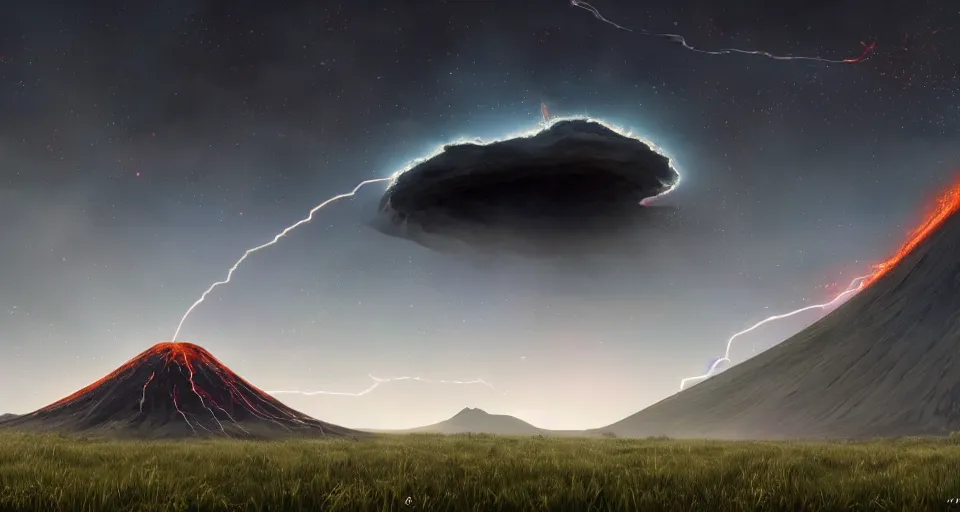 Prompt: Photograph of an obsidian monolith with an intergalactic portal to a different dimension inside of it, in a sprawling grassy plain with an erupting volcano in the background, by Andreas Rocha and John Howe, wide long view, f/11 aperture, unreal engine, deviant art, flickr, artstation, octane render, textured, colorful, hyperrealistic, physically based rendering, pbr render, very detailed, volumetric lighting, octane render, 4k, cinematic, 8k resolution,