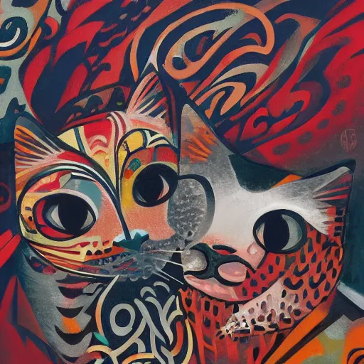 Prompt: A highly stylized conceptual art 4k shaded, finely detailed, matte painting with intricate textures and patterns of two abstract expressionist cats , their bodies intertwined together in the style of Lee Krasner