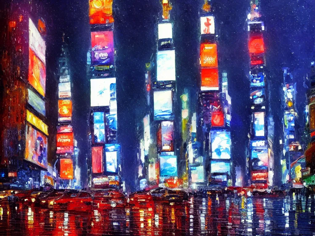 Image similar to Times Square on a rainy night, oil painting, in the style of Claude Monet, Impressionism, thick brush strokes, vivid colors, breathtaking, masterpiece, trending on ArtStation