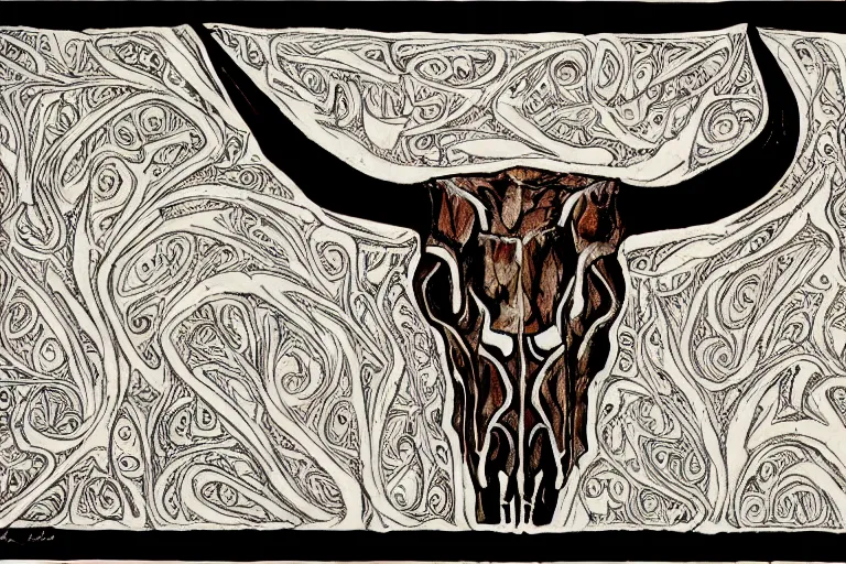 Image similar to Texas Longhorn Skull, skull bone carved with patterns, tritone, mixed media, fine linework, pen and ink, symmetry