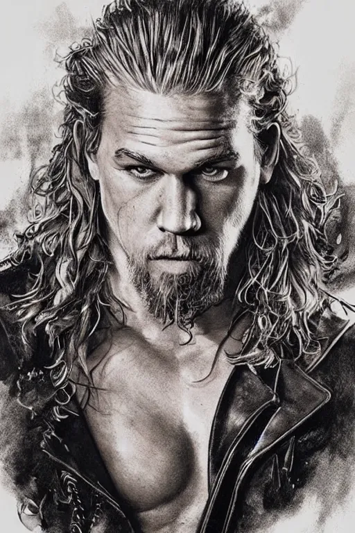 Image similar to Photorealistic Portrait of frontal standing pose torso of a very attractive buffed Jax Teller heavily tattooed. surrounded by magic lightings overlays, Intricate, concept art, magic lighting overlays, magical portal opened, D&D!, fantasy style, sharp focus!, ultra detailed, art by Artgerm and Peter Andrew Jones, WLUP, Magali Villeneuve