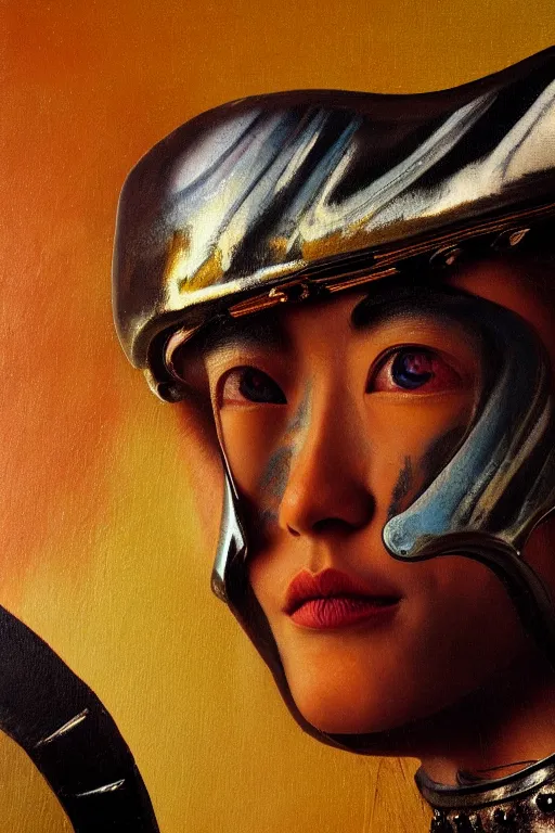 Image similar to hyperrealism oil painting, close - up portrait of medieval fashion model, warrior, steel gradient mixed with nebula sky, in style of baroque mixed with 7 0 s japan book art