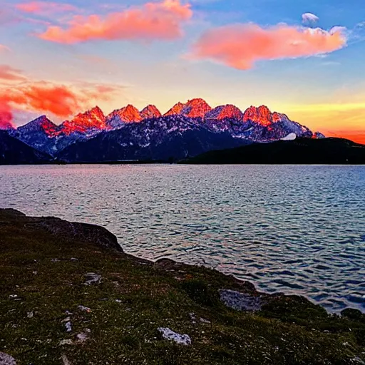 Image similar to sun setting over Italian Lake, snowy mountains in the background,