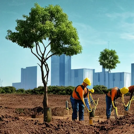 Image similar to a group of workers planting trees in a barren landscape alongside a sci fi nuclear containment building with a utopian city in the distance