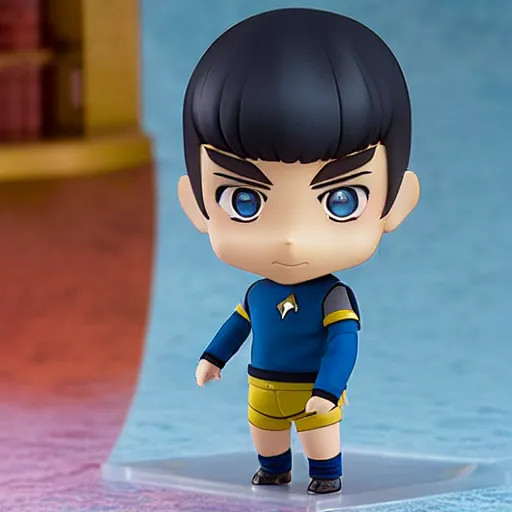 Image similar to spock from the tv series star trek, serious look, pointed ears, spock haircut, greeting, as an anime nendoroid, starfleet uniform, detailed product photo
