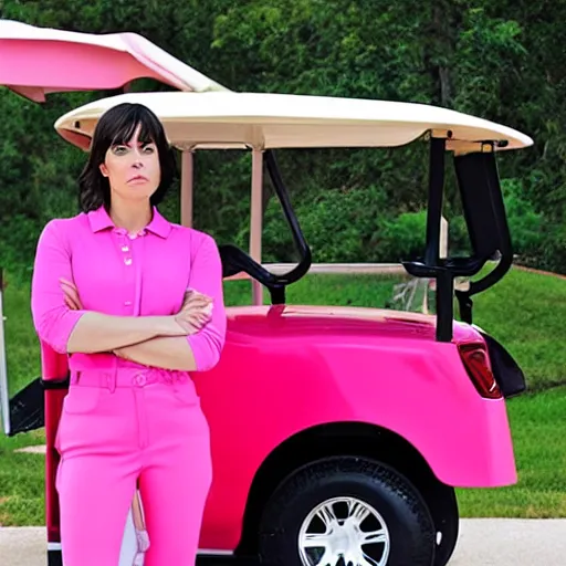 Prompt: april ludgate standing in front of a pink golf cart