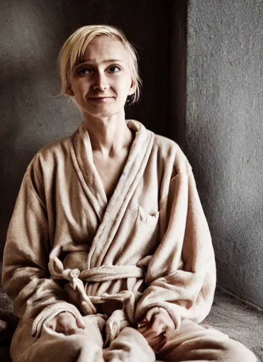 Image similar to homely but adorable blonde woman, underweight, deep scars across left cheek, wearyworn but optimistic expression, wearing beige pajamas and robes