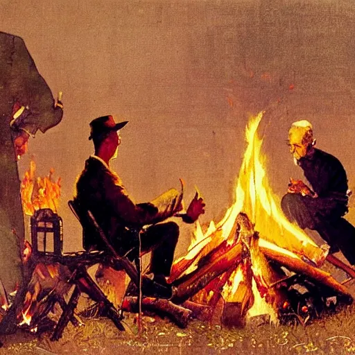 Prompt: a chair burning in a campfire, its night and in the background there is a scientist watching, norman rockwell artwork