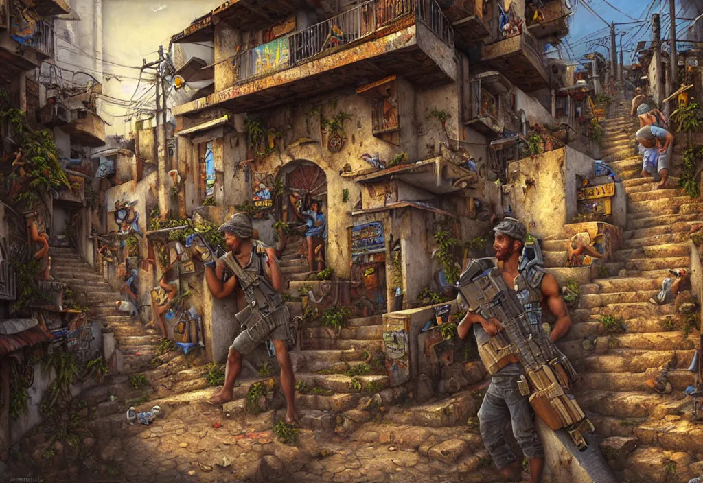 Image similar to photorealistic favela rio with precise rendered guns with intricate details of gun, happy atmosphere close view by Justin Gerard