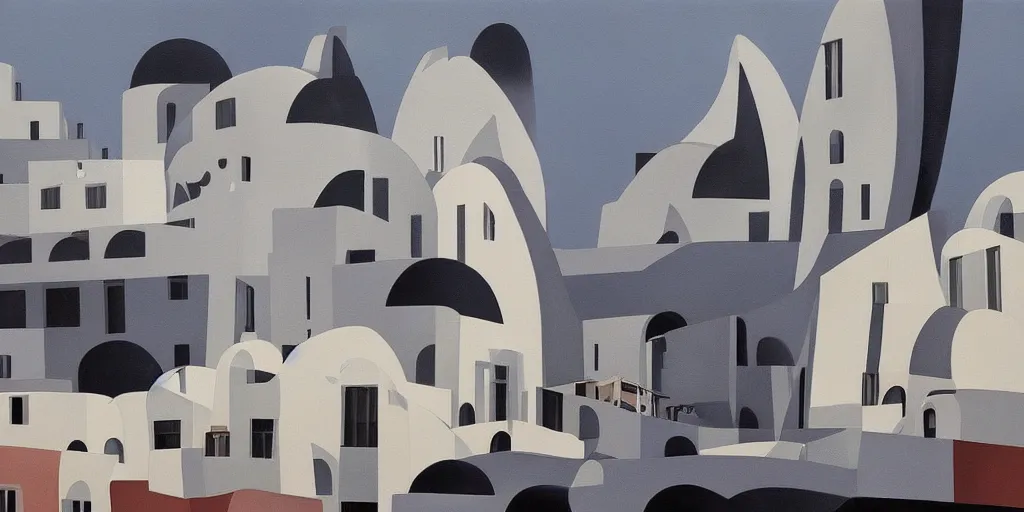 Prompt: a painting of abstract buildings like santorini by zaha hadid and yves tanguy