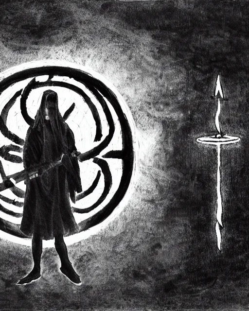 Image similar to ink wash painting painting of mage reciting an incantation and standing on glowing circular runes in the middle of dark room, high production value, intricate details, high resolution, hyperrealistic, hdr, high definition, masterpiece, ultra realistic, highly detailed, hd, sharp focus, non blurry, sharp, smooth