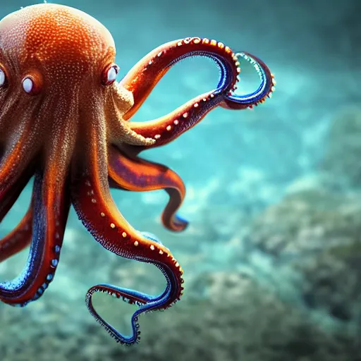 Image similar to A octopus in the ocean centered-photograph film still, dynamic action pose, National Geographic, insane detail, intricate, highly detailed, Zeiss Lens, DSLR photography, smooth, sharp focus, Unreal Engine 5, Octane Render, Redshift, depth of field 8K