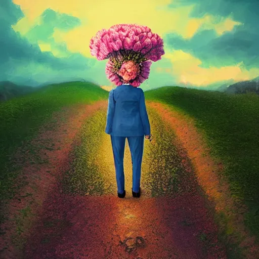 Image similar to giant carnation flower head, girl in a suit, on a path, surreal photography, sunrise, dramatic light, impressionist painting, digital painting, artstation, simon stalenhag