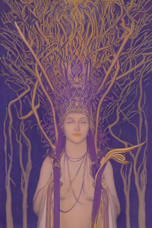 Image similar to lost queen of the forest with her scepter, by Nicholas Roerich and jean delville and Maxfield Parrish, dramatic cinematic lighting , ornate headdress , lost civilizations, extremely detailed