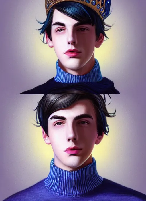 Image similar to portrait of teenage jughead jones wearing a light grey crown, crown, blue turtleneck, 1 9 5 0 s, closed eyes, photorealistic, black hair, glowing lighting, intricate, elegant, glowing lights, highly detailed, digital painting, artstation, concept art, smooth, sharp focus, illustration, art by wlop, mars ravelo and greg rutkowski