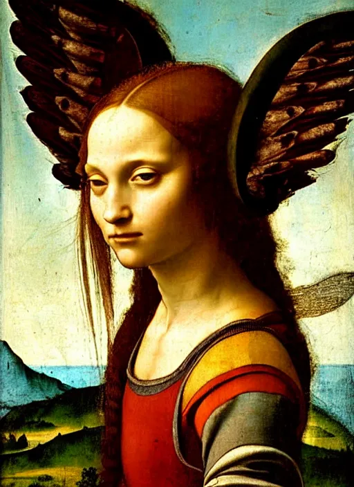 Image similar to renaissance portrait of a girl with long hair and demon wings in front of a post - apocalyptic landscape, art by leonardo da vinci, raffaello, donatello