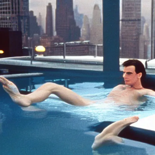 Prompt: patrick bateman chilling in a swimming pool on the terrace of empire state building, in american psycho ( 1 9 9 9 )