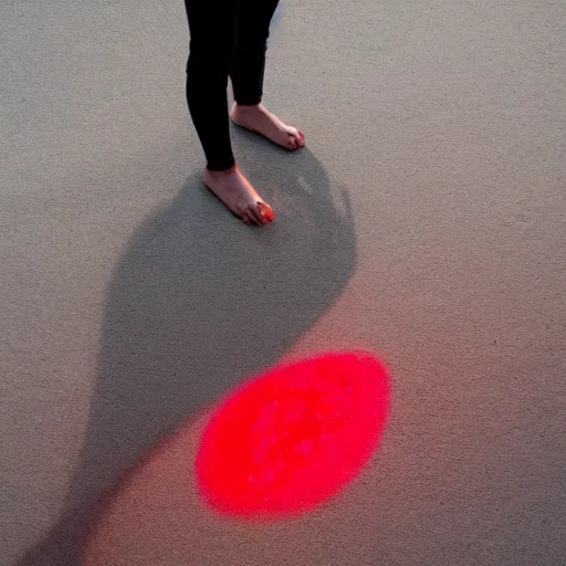 Prompt: red light from above shines through and casts the shape of her shadow on the floor below