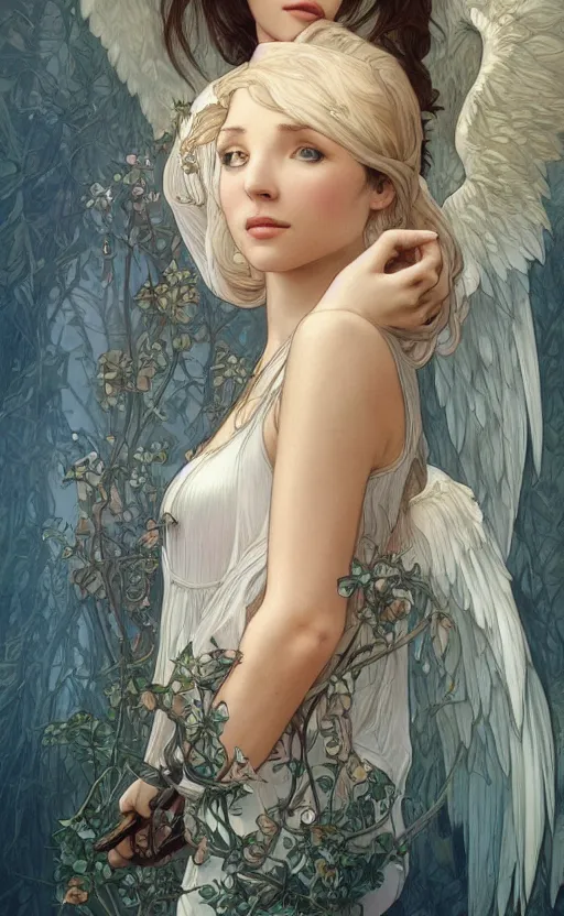 Image similar to a photograpic portrait of a pretty woman, angel, fantasy, intricate, elegant, highly detailed, digital painting, artstation, centered, concept art, smooth, sharp focus, illustration, art by artgerm and h r giger and alphonse mucha