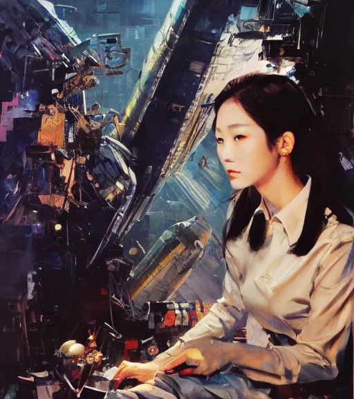 Prompt: Lee Jin-Eun by John Berkey and Gerald Brom, rule of thirds, seductive look, beautiful, in intergalactic hq