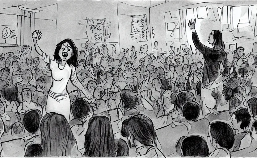 Prompt: a dramatic glen keane cartoon of gretta thunberg giving a speech to a crowd of youth climate activists