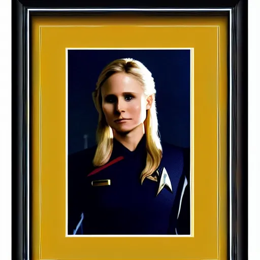 Image similar to a beautiful full body photograph of kristen bell as a star fleet officer from star trek next generation, extreme realism and detail, 8 k, completely framed, direct lighting, 3 5 mm photo, photorealistic, sharp focus