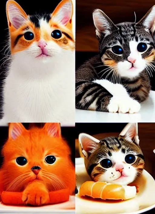 Image similar to clear photorealistic picture of adorable cats made out of sushi