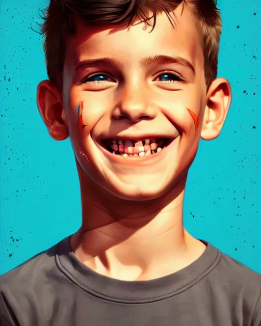 Image similar to digital art of smiling boy, illustration, highly detailed, simple, no jagged lines, smooth, artstation, artwork by obey, artwork by sandra chevrier