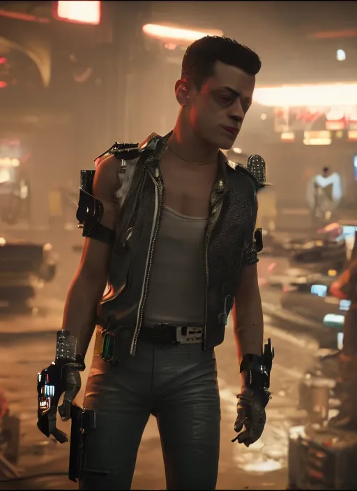 Image similar to film still of Rami Malek as Johnny Silverhand in Cyberpunk 2077, gameplay, 8k, HD