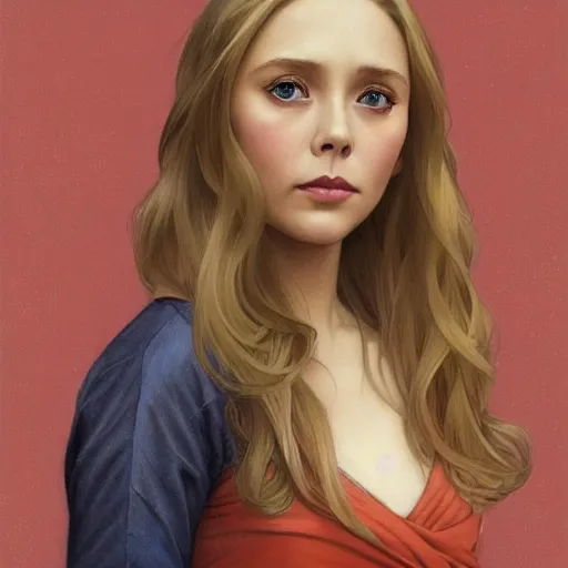 Image similar to Young blonde elizabeth olsen, highly detailed, digital painting, artstation, concept art, smooth, sharp focus, illustration, ArtStation, art by artgerm and greg rutkowski and alphonse mucha and J. C. Leyendecker and Edmund Blair Leighton and Katsuhiro Otomo and Geof Darrow and Phil hale and Ashley wood and Ilya repin and Charlie Bowater