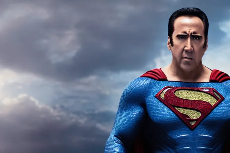 Prompt: film still of Nicolas Cage as Superman in Justice League movie, 4k