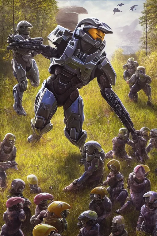 Image similar to easter egg hunt with master chief from halo and kids, picking up easter eggs, egg in hand, oil on canvas, intricate, portrait, 8 k highly professionally detailed, hdr, cgsociety