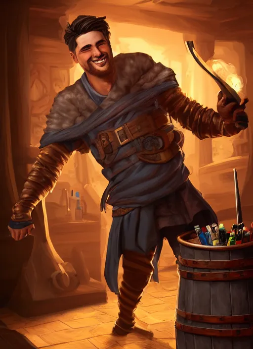 Image similar to An epic fantasy comic book style portrait painting of a handsome young man with brown wavey hair, wearing thief clothing in a tavern and smiling with a wooden tankard in hand, unreal 5, DAZ, hyperrealistic, octane render, cosplay, RPG portrait, dynamic lighting