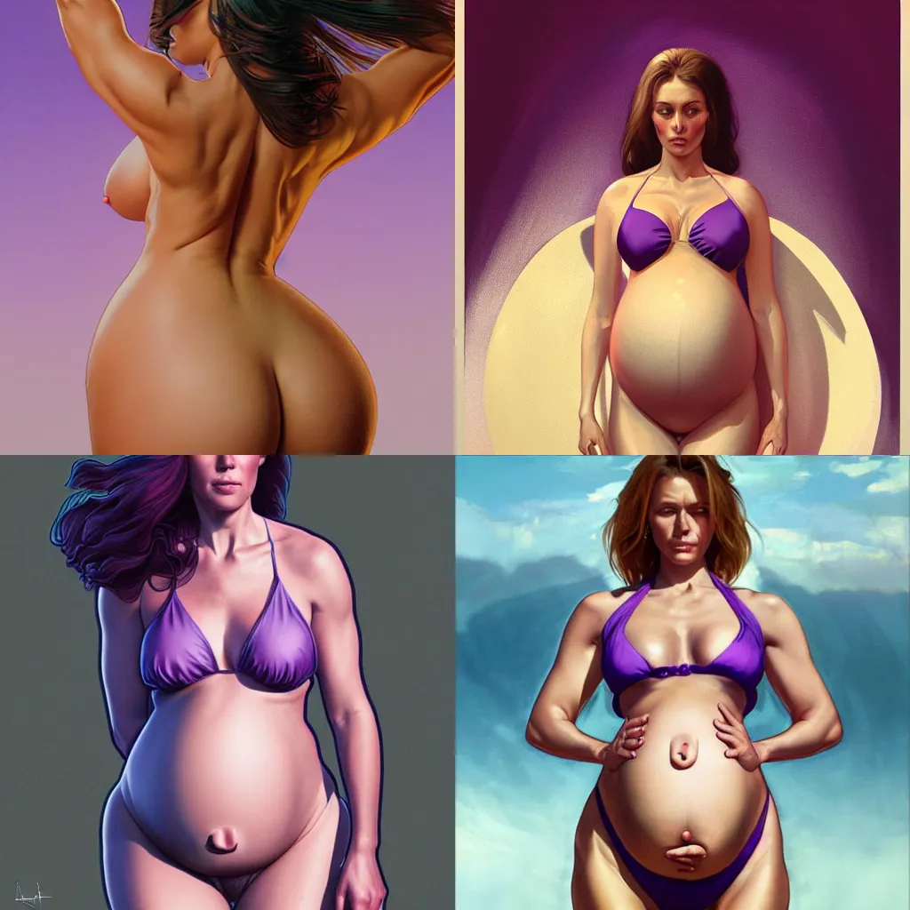 Prompt: pregnant vladimir putin in a purple bikini, realistic portrait, symmetrical, highly detailed, digital painting, artstation, concept art, smooth, sharp focus, illustration, cinematic lighting, art by artgerm and greg rutkowski and alphonse mucha
