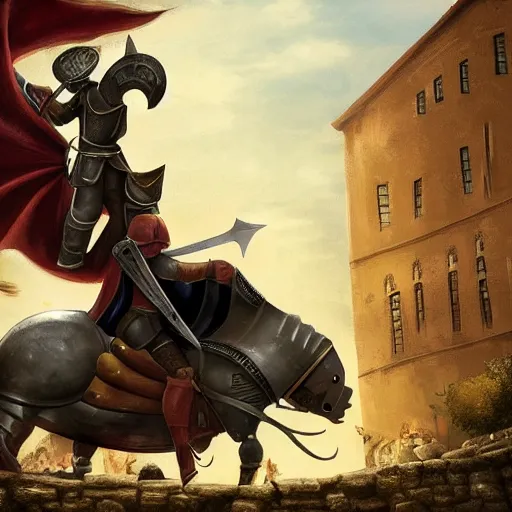 Prompt: Medieval knight with his sword drawn riding on top of a huge snail in a medieval city, wide shot, detailed, 4K, digital art, cinematic lighting, dynamic lighting, ambient lighting, award winning art