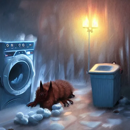 Prompt: demonic creature with giant claws crawling out of a washing machine in a laundry room, cinematic lighting, inspired by Evgeny Lushpin,George, greg rutkowski winter,nighttime,cinematic,art station