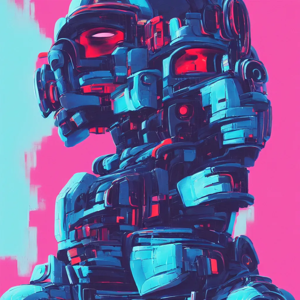 Image similar to a graph - style gouache impasto huge robot head in front of her, cyberpunk art by by james gilleard, cgsociety, retrofuturism, synthwave, retrowave, outrun