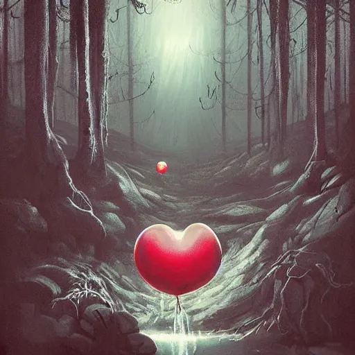 Image similar to grunge painting of a waterfall with a wide smile and a red balloon by simon stålenhag, loony toons style, pennywise style, corpse bride style, creepy lighting, horror theme, detailed, elegant, intricate, conceptual, volumetric light