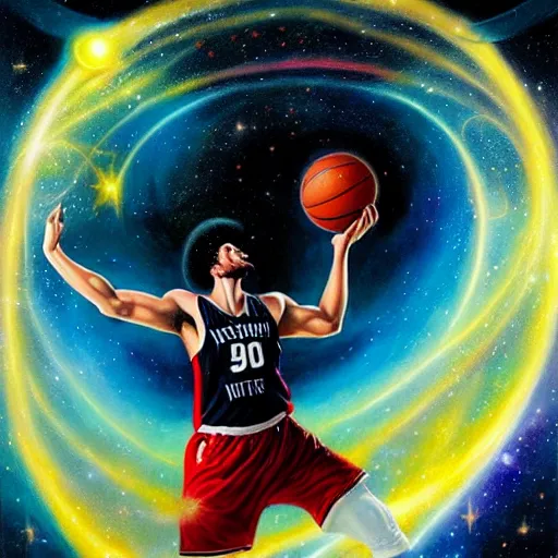 Image similar to cosmic basketball player dunking a basketball hoop in a nebula, an oil painting, by ( leonardo da vinci ) and greg rutkowski and rafal olbinski and ross tran, award - winning magazine cover