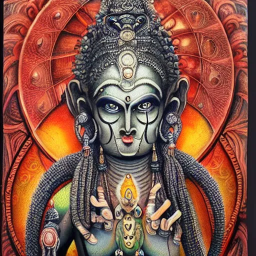 Image similar to hindu gods, airbrush painting by hr giger, intricate detail, exquisite craftsmanship, colorful lighting,