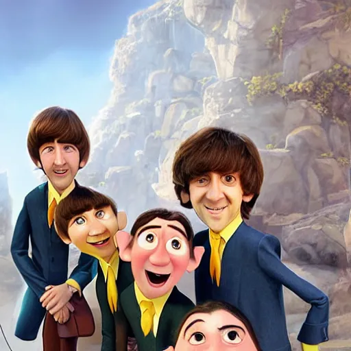 Image similar to a portrait of the beatlesn as pixar characters, beautiful, elegant, extremely detailed digital art, trending on artstation hyper realistic matte painting, by wlop, artgerm