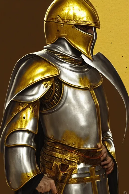 Prompt: man in decorated with gold in baroque style 15 century christian crusader armor, helmet hiding his face and white cape standing at the gates of jerusalem drawn by greg rutkowski realistic high detail