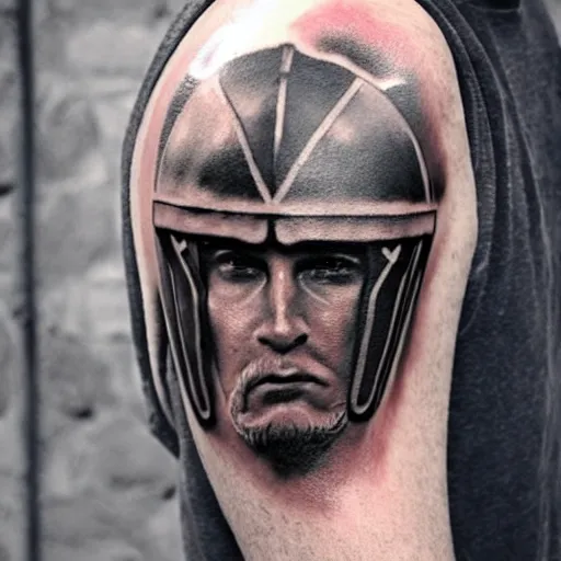 Prompt: A gladiator wearing a thracian helmet, tattoo, tattoo art, Black and grey tattoo style