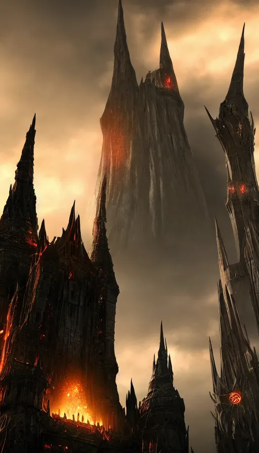 Image similar to Black and evil tower Barad-dûr, fortress of Sauron in Mordor, ultra detailed, octane render, super realistic, unreal engine 5, atmospheric lighting