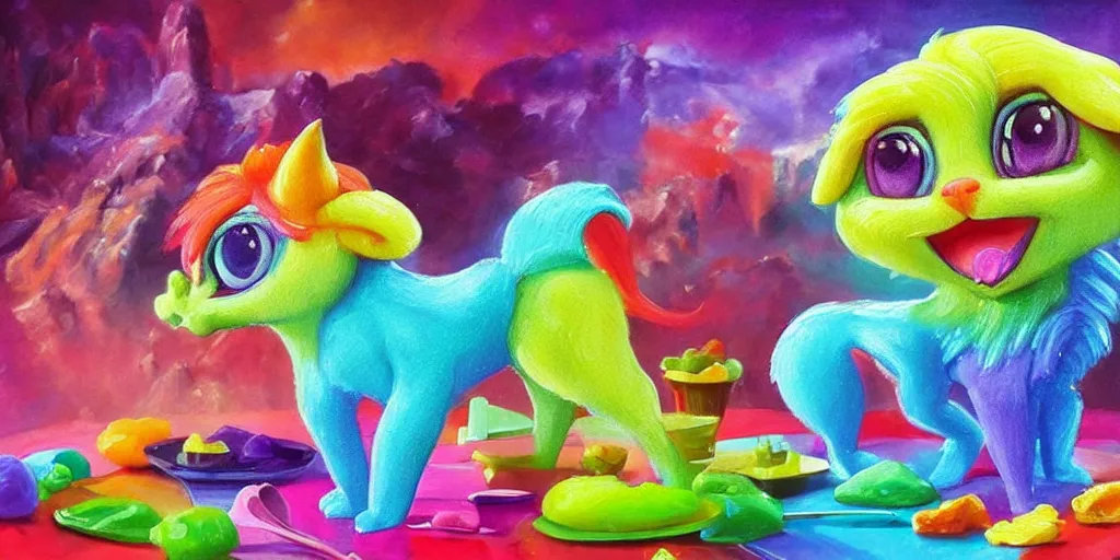 Prompt: rainbow sorbet made in the shape of 3 d littlest pet shop mythical manticore, realistic, melting, soft painting, desserts, ice cream, glitter, cake, forest, mountains, aurora, master painter and art style of noel coypel, art of emile eisman - semenowsky, art of edouard bisson